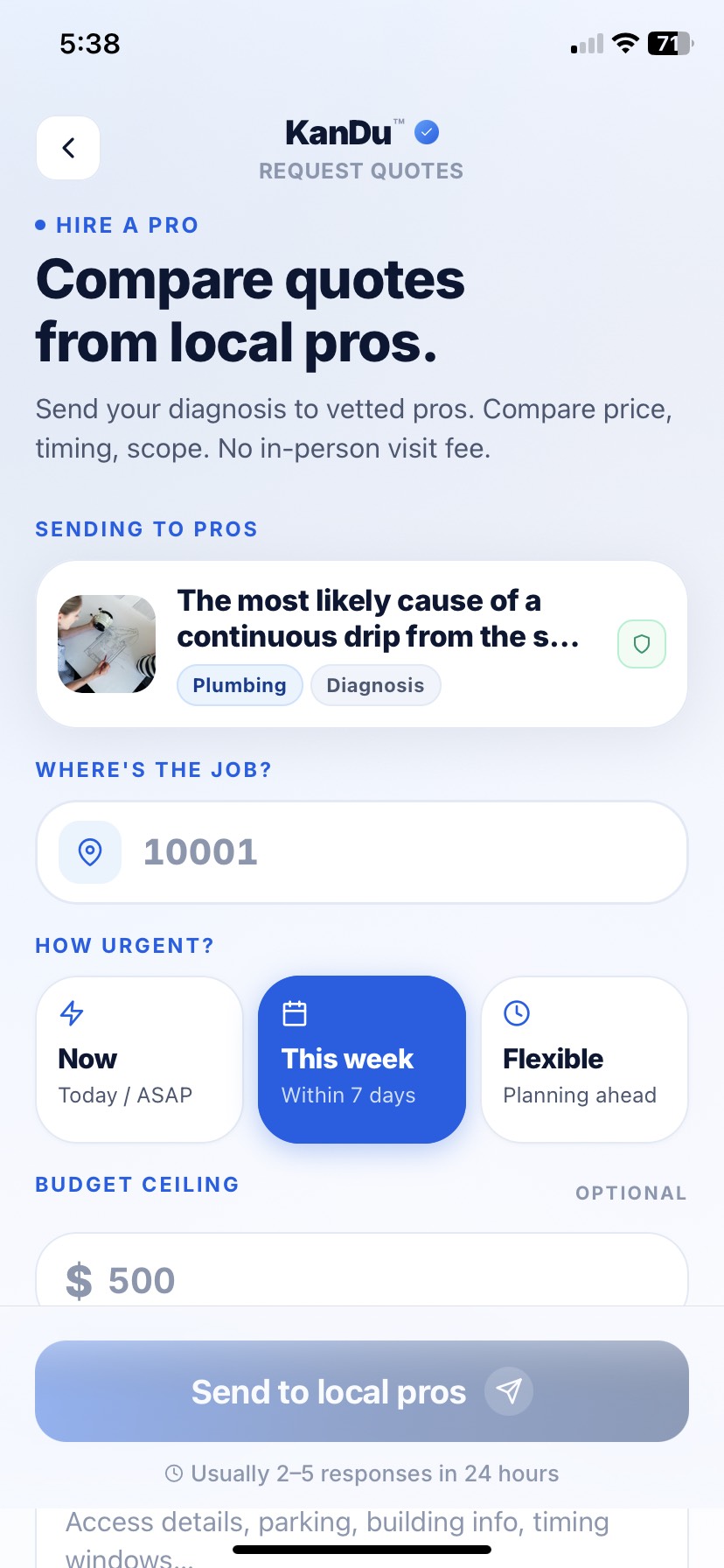 KanDu Request Quotes: send your diagnosis to vetted local pros and compare price, timing, and scope